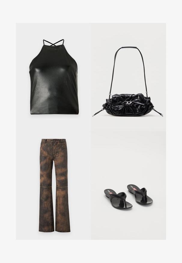 Top tipo halter negro hecho de cuero sintético brillante. Presenta tiras cruzadas en la espalda y un logo sutil en relieve cerca del escote.; Pantalones de mezclilla marrón acampanados con un acabado desgastado y texturizado. Cuentan con cinco bolsillos, trabillas para cinturón y cierre con botón. Costuras planas y pernera ancha.; Melissa QUANTUM THONG X DIESEL - Sandalias de dedo - black; Bolso de mano de cuero negro con diseño fruncido y detalle de lazo en la parte frontal. Cuenta con un asa corta y detalles metálicos en color plata.