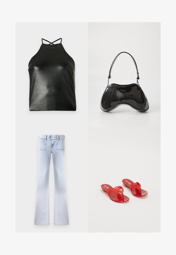 Schwarzes Neckholder-Top aus glänzendem Kunstleder. Verfügt über gekreuzte Träger am Rücken und ein dezentes, eingeprägtes Logo in der Nähe des Ausschnitts.; Hellblaue Jeans mit weitem Bein, zwei Gesäßtaschen, hoher Taille und einem ausgewaschenen Finish. Mit doppeltem Knopfverschluss und Gürtelschlaufen.; Melissa QUANTUM THONG X DIESEL - Zehentrenner - red; Schwarze Handtasche aus lackiertem Leder mit einer einzigartigen, geschwungenen Form, kurzem verstellbarem Griff und einem Reißverschluss oben. Glatte Textur mit dezentem Branding.