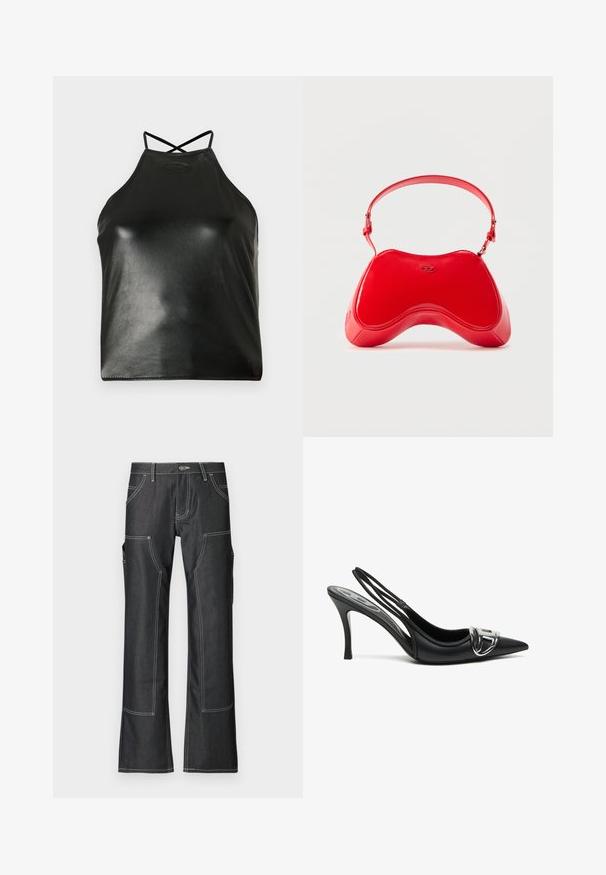 Schwarzes Neckholder-Top aus glänzendem Kunstleder. Verfügt über gekreuzte Träger am Rücken und ein dezentes, eingeprägtes Logo in der Nähe des Ausschnitts.; Dunkelblaue Cargo-Hosen aus Denim mit weißer Kontrastnaht, ausgestattet mit mehreren Taschen und einem schmal zulaufenden Bein-Design. Robustes Material und Metallknopf-Verschluss.; Schwarze Slingback-Pumps mit spitzem Vorderteil, ausgestattet mit einem glänzenden silbernen Schnallendetail und einem schlanken Absatz. Glattes Lederoberfläche, minimalistische Gestaltung.; Rote Lackledertasche mit geschwungener, ergonomischer Form, ausgestattet mit einem dünnen, verstellbaren Riemen und einem dezenten Logo-Akzent auf der Vorderseite.