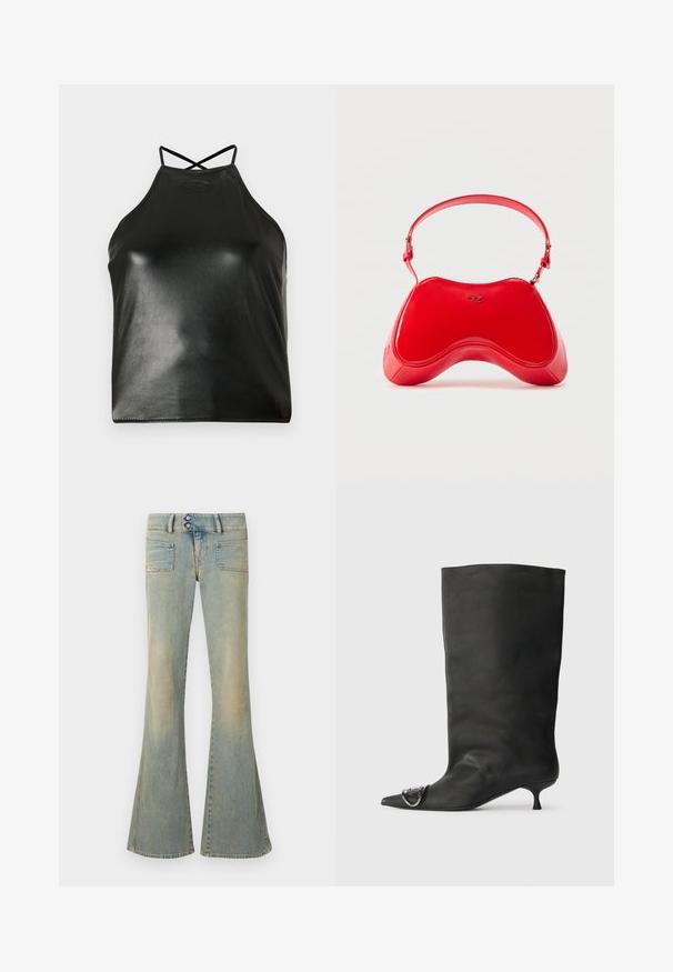 Haut noir à col licou en similicuir brillant. Dispose de bretelles croisées dans le dos et d'un logo discret embossé près de l'encolure.; Jean évasé bleu en denim, présentant une finition délavée, deux poches avant, deux poches arrière, et une fermeture à double bouton à la taille.; Bottines en cuir noir à bout pointu, petite talon et détail métallique sur le bout. Texture lisse et mate partout.; Sac en cuir verni rouge avec une forme incurvée et ergonomique, doté d'une fine sangle réglable et d'un discret logo sur le devant.