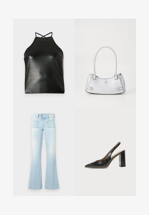 Schwarzes Neckholder-Top aus glänzendem Kunstleder. Verfügt über gekreuzte Träger am Rücken und ein dezentes, eingeprägtes Logo in der Nähe des Ausschnitts.; Hellblaue ausgestellte Jeans aus ausgewaschenem Denim mit zwei Vordertaschen, einem geknöpften Bund und kontrastierenden Nähdetails. Glatte Textur.; Schwarzer Leder-Slingback-Schuh mit spitzer Kappe, hohem Blockabsatz und beigegefüttertem Innenraum vor hellem, einfarbigem Hintergrund.; Silberne Handtasche mit einem strukturierten Design, ausgestattet mit zwei Griffen, glänzender Oberfläche, Akzentbeschlägen und einem dreieckigen Logo auf der Vorderseite.