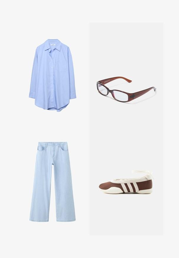 Chemise bleu clair à manches longues avec col pointu et poche poitrine, présentée sur un fond blanc.; Jean bleu clair à jambes larges avec poches avant et passants de ceinture, présenté sur un fond blanc.; Chaussure plate de ballet marron et blanche avec trois bandes blanches et un nœud à nouer à la cheville sur un fond clair uni.; Lunettes rectangulaires teintées de brun avec une finition brillante, dotées de branches fines et de verres transparents. Logo visible sur la branche gauche.