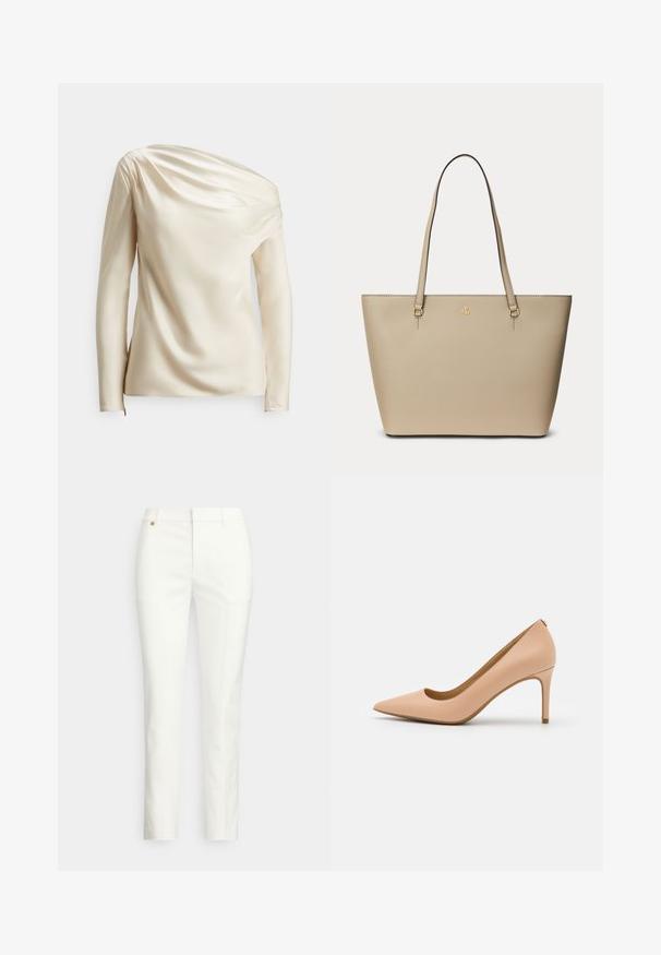 Haut en satin à manches longues de couleur blanc cassé avec un design drapé et un décolleté asymétrique, doté d'un tissu texturé et d'un détail minimaliste de fermeture éclair latérale.; Pantalon blanc sur mesure à coupe slim, présentant une texture lisse, des passants pour ceinture et un petit détail en métal doré. Aucune poche visible.; Escarpin nude en cuir à talons hauts, à bout pointu, avec une texture lisse et un talon fin. Design minimaliste avec un décolleté bas.; Sac fourre-tout en cuir beige avec deux bretelles et un petit logo doré au centre devant sur un fond uni.