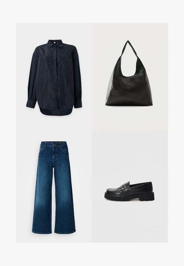 Chemise noire à manches longues, boutonnée, avec col et poche poitrine, présentée sur un fond clair uni.; Jean large en denim bleu foncé. Doté d'une taille haute, d'une fermeture à bouton et d'un design classique à cinq poches avec une légère décoloration.; Mocassins en cuir noir avec une finition lisse, un design bas et une semelle en caoutchouc épaisse. Comprend un devant cousu et une bande surélevée à l'avant.; Sac bandoulière en cuir noir lisse avec une large sangle unique et un design décontracté et minimaliste sur un fond uni.