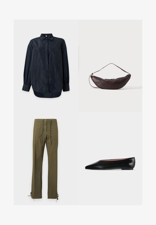 Chemise noire à manches longues, boutonnée, avec col et poche poitrine, présentée sur un fond clair uni.; Pantalon en coton vert olive à coupe décontractée, avec plis à l'avant, taille à cordon de serrage et liens ajustables aux ourlets pour personnalisation.; Chaussure plate en cuir noir pour femme, avec bout pointu et petit talon, vue de côté sur un fond gris clair uni.; Sac d'épaule en cuir marron foncé en forme de croissant avec une lanière courbée et des coutures visibles sur fond uni.