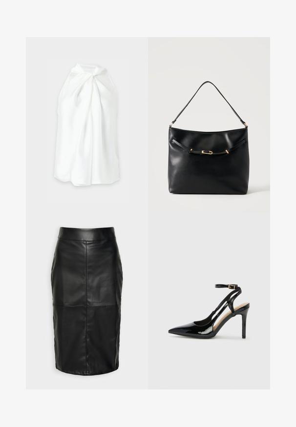 Top blanco sin mangas con cuello halter, detalle de nudo en la parte delantera y tela suelta y fluida.; Falda de cuero negra con una textura suave, que presenta una cinturilla alta y costuras cosidas que crean una forma estructurada y discreta.; Zapato de charol negro de tacón alto, tipo slingback, con punta afilada, correa ajustable en el tobillo y lados abiertos. Textura lisa.; Bolso de hombro de cuero negro con una sola correa y un pequeño detalle de hebilla dorada en la parte delantera sobre un fondo claro y liso.