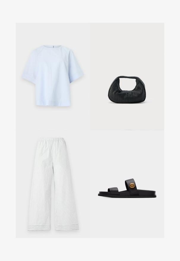 Blusa azul claro de manga corta con escote redondo y tela sutilmente texturizada, mostrada sobre un fondo blanco liso.; Pantalones blancos de pierna ancha con finas rayas verticales grises, cintura elástica y detalles de rayas horizontales en el dobladillo.; Sandalia negra tipo slide con dos correas anchas, una de ellas con un emblema redondo dorado, suela plana, aislada sobre un fondo gris claro.; Bolso hobo tejido negro con estructura suave y asa integrada, exhibido sobre un fondo liso y claro.