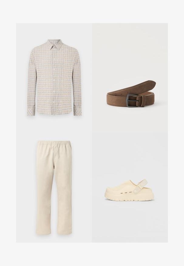 Chemise beige à manches longues avec un motif à carreaux blanc et gris et une poche poitrine.; Pantalon beige à jambe droite avec taille élastique, devant plat et sans poches visibles sur un fond clair.; Chaussure beige à enfiler en matériau souple, avec un bout arrondi, une tige texturée et une bride arrière pour un maintien sécurisé. Semelle épaisse rainurée.; Ceinture en daim marron avec boucle métallique noire enroulée sur un fond clair uni.