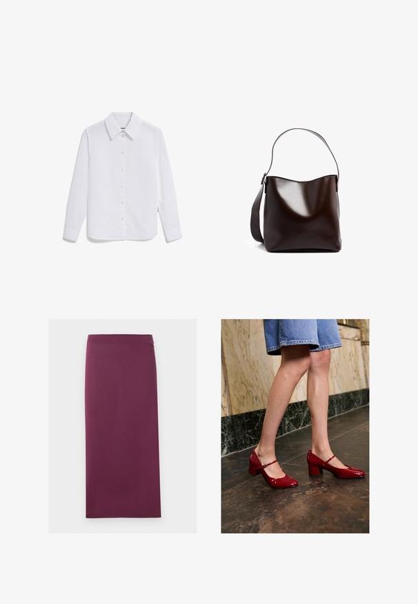 Witte button-up shirt van glad katoen, met een klassieke kraag, lange mouwen en manchetten met één knop. Geen patronen of accenten.; Effen pruimkleurige kokerrok met rechte snit en midilengte, plat weergegeven tegen een witte achtergrond.; Persoon in glanzende rode Mary Jane blokhakken en een blauwe denim rok, staand op een donker betegelde vloer nabij een marmeren wand.; Donkerbruine, gladde leren bucketbag met een brede, verstelbare schouderriem en licht gebogen bovenrand op een witte achtergrond.
