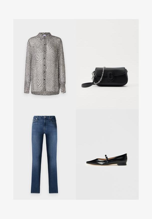 Gennemsigtig sort og hvid bluse med knaplukning fortil, lange ærmer og et abstrakt mønster med forskellige teksturer.; Mørkeblå denimjeans med lige pasform, klassisk fem-lomme design, frontknaplukning og subtilt slid, der giver en brugt effekt.; Sorte patenterede læder Mary Jane flade sko med spids tå, én rem og lav hæl på ensfarvet baggrund.; Sort læder crossover taske med sølv kæde og sort rem, frontklap med afrundet rektangulært logo-detalje, på hvid baggrund.