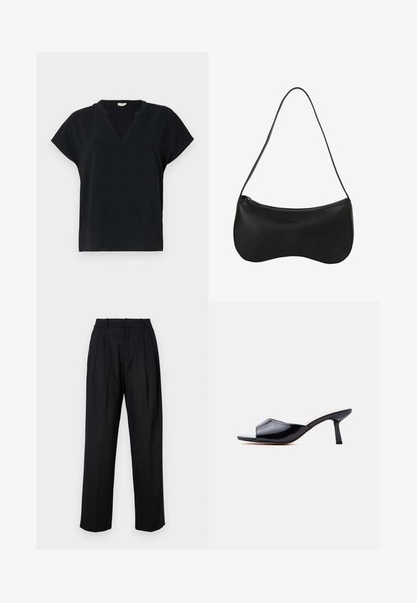 Haut noir à manches courtes avec un col en V, fabriqué à partir d'un tissu texturé. Coupe légèrement ample avec des coutures d'épaule arrondies.; Pantalons noirs au design ajusté, avec une taille haute, des plis et une coupe droite. Fabriqués en tissu lisse de couleur unie.; Mule à bout ouvert en cuir verni noir avec un petit talon fin et un design à enfiler sur un fond gris clair.; Sac d'épaule en cuir noir avec une forme incurvée, fermeture éclair et une seule bandoulière fine ; texture lisse et détail de logo embossé subtil.