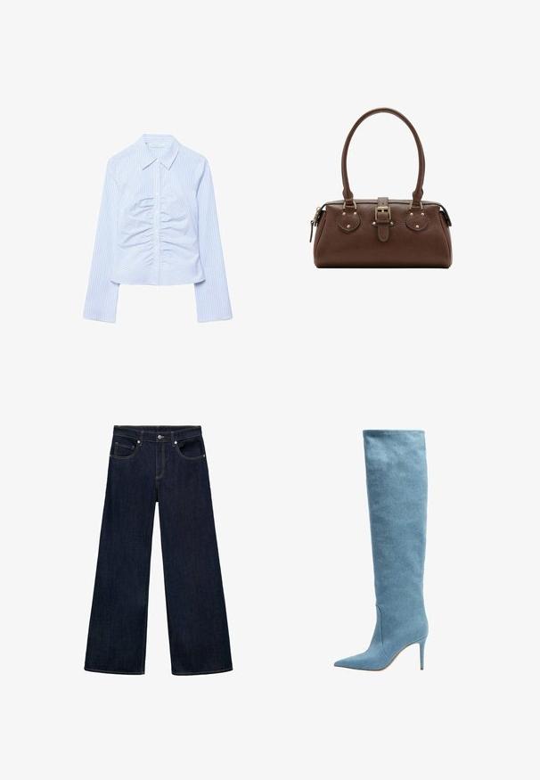 Lyseblå skjorte med lange ærmer, knapper foran, tynde lodrette striber og rynkede detaljer langs det midterste frontpanel.; Mørkeblå denim brede bukser med høj talje, der har fem lommer, metalknaplukning og synlige stikninger.; Høje damesko i lyseblå denim med spids tå og slank høj hæl på en hvid baggrund.; Brun læderhåndtaske med to håndtag, en central spænde-strop og guldfarvede beslag, vist mod en hvid baggrund.
