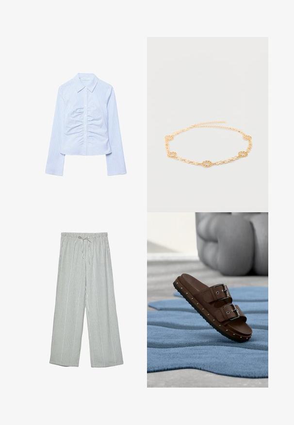 Chemise à manches longues bleu clair avec fines rayures verticales et détails froncés sur le panneau central avant.; Pantalons légers à jambes larges avec un motif rayé vertical vert et blanc. Présentent une taille élastique avec une fermeture à cordon.; Sandales marron à enfiler avec deux boucles réglables, détails cloutés le long de la semelle et semelle intérieure texturée sur un tapis bleu.; Collier délicat en chaîne d'or avec des maillons petits alternés et cinq maillons circulaires texturés répartis uniformément autour.