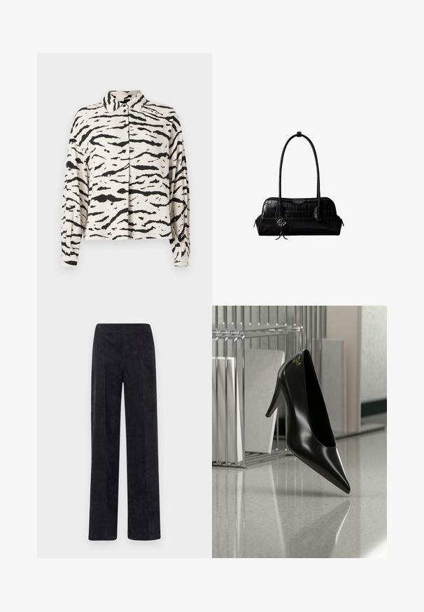 Chemise blanche à col avec un motif de rayures noires de tigre, manches longues, coupe décontractée, et fermeture boutonnée sur le devant. Texture de tissu douce.; Pantalon en velours côtelé gris foncé avec une coupe droite, présentant une surface texturée en côtes et une taille élastique pour plus de confort.; Chaussure noire à talon haut avec bout pointu et logo doré, posée sur une surface réfléchissante près d'un organiseur de dossiers en fil chromé contenant des documents.; Sac à épaule en cuir noir à texture crocodile, avec de longues sangles et un petit charm logo argenté sur une sangle.