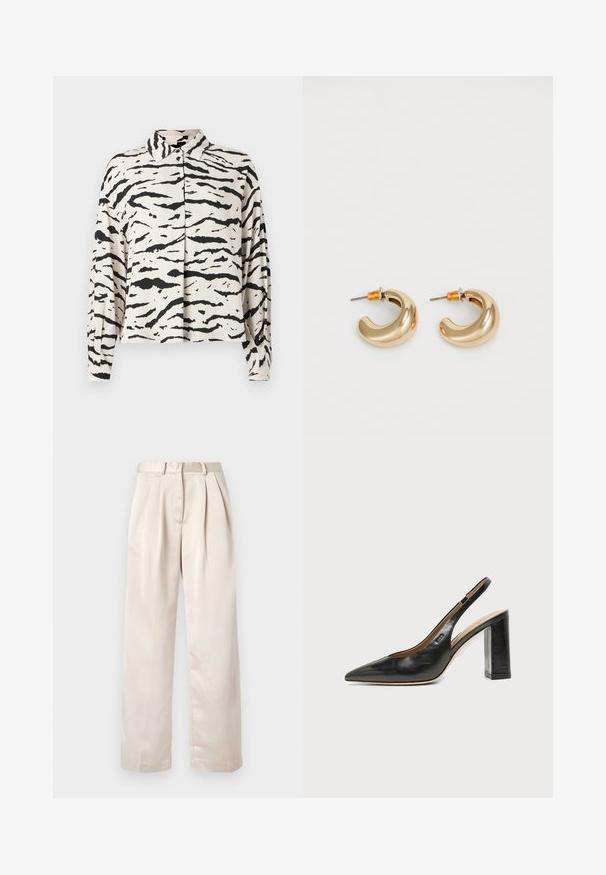 Chemise blanche à col avec un motif de rayures noires de tigre, manches longues, coupe décontractée, et fermeture boutonnée sur le devant. Texture de tissu douce.; Pantalon beige plissé avec une coupe droite, fabriqué en tissu lisse et léger ; doté d'une ceinture avec passants.; Chaussure slingback en cuir noir à bout pointu avec un talon bloc haut et une doublure intérieure beige sur un fond clair uni.; Deux boucles d'oreilles en forme de cerceau en or brillant, avec un design courbé, présentant des accents orange près de la tige, sur fond blanc uni.