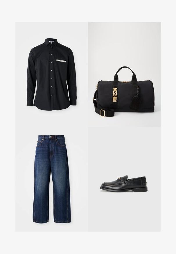 Schwarzes Langarm-Hemd mit Knopfverschluss und Kragen, ausgestattet mit einer silbernen Borten-Taschedetail. Glatte Stoffqualität, klassische Passform und Knopfleiste.; Dunkelblaue Weite-Leg-Jeans aus Denim. Verfügt über einen klassischen Bund mit Gürtelschlaufen, frontale Taschen und eine gerade Passform.; Schwarze Lederloafers mit runder Zehenform, genähten Details und einem kleinen goldenen Akzent an der Vorderseite. Die Sohle ist flach und unauffällig.; Schwarze Nylon-Duffle-Tasche mit goldenen Beschlägen, ausgestattet mit zwei oberen Griffen, verstellbarem Schultergurt und gesticktem Logo-Patch. Strukturierte Oberfläche.