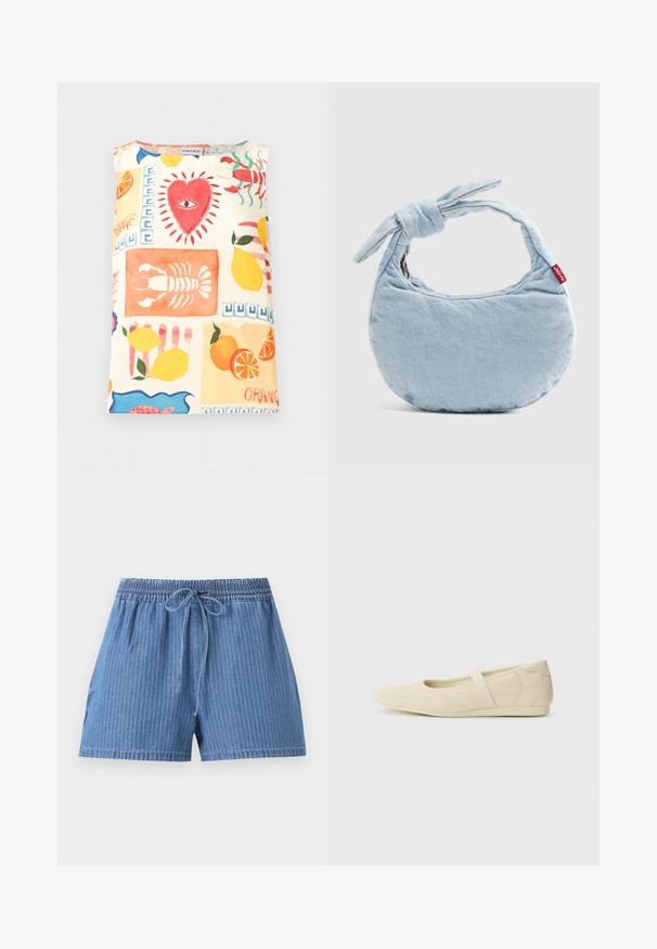 Haut sans manches avec des imprimés colorés comprenant un cœur rouge avec un œil, des homards, des citrons, des oranges et des motifs abstraits bleus.; Short en denim bleu avec fines rayures verticales, taille élastique et cordon de serrage à l’avant.; Ballerines beiges avec une exterior en cuir lisse, un bout en forme d'amande et une sangle élastique sur le coup de pied, avec des détails de couture subtils.; Sac à bandoulière en denim bleu clair avec un détail noué sur la poignée et une petite étiquette rouge Levi's sur le côté.