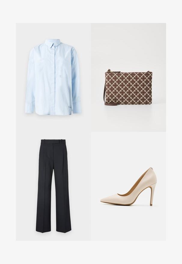 Lichtblauw overhemd met lange mouwen, knoopsluiting, een borstzak en een opgevouwen kraag op een effen witte achtergrond.; Donkerblauwe pinstriped broek met een hoge taille, wijde pijpen en zonder zichtbare hardware of versieringen. Glad textuur en nauwkeurige pasvorm.; Beige hoge hakken, puntige neus, glanzend lederen afwerking, slanke stiletto-hak, minimalistisch ontwerp met een subtiele achterkant.; Bruine clutch tas met een geometrisch patroon in lichtbeige, voorzien van een ritssluiting en een verstelbare bruine schouderband.