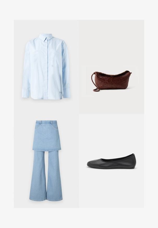 Lys blå langærmet skjorte med knapper, brystlomme og folded krave på en ensfarvet hvid baggrund.; Denim nederdel-buks hybrid, med lyseblåt stof, flared ben og synlige syninger. Designet med frontlommer og en talje.; Sort læderballetsko med rund tå, glat tekstur, minimal syning og et fleksibelt såldesign.; Brun flettet lædertaske med en enkelt rem og buet top mod en ensfarvet hvid baggrund.
