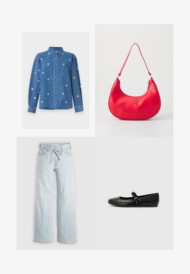 Camisa de mezclilla azul de manga larga con cuello, cierre frontal con botones y pequeños patrones de corazones bordados en rosa dispersos por la tela.; Jeans de tiro alto de color azul claro, de pierna ancha, con lazo en la parte delantera, diseño clásico de cinco bolsillos y un sutil detalle de desgaste en las piernas. Material de denim.; Bailarinas de cuero negro con punta redondeada, suela plana y una delgada correa ajustable en el empeine que cuenta con una hebilla de metal.; Bolso de hombro de piel sintética roja con forma curvada, correa delgada y cierre de cremallera. Textura suave con detalles de costura visibles.