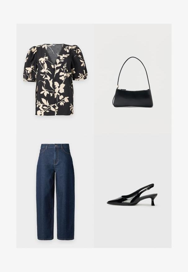 Blouse noire avec imprimé floral beige, col en V, boutons sur le devant, et manches courtes bouffantes avec poignets élastiques.; Jeans en denim bleu foncé taille haute, à jambe droite, avec fermeture à boutons, passants de ceinture, et poches avant et arrière, sur fond blanc.; Escarpins en cuir verni noir avec un bout pointu et un petit talon carré. Sangle réglable à la cheville avec boucle.; Sac à main rectangulaire noir avec une fine bandoulière et fermeture éclair, présenté sur un fond blanc uni.