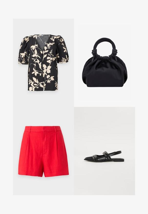 Sort bluse med beige blomsterprint, V-hals, knapper foran og korte pufærmer med elastiske manchetter.; Røde linned shorts med et skræddersyet design, der har foldedetaljer, en glat tekstur og en mellemhøj talje.; Even&Odd Slingback-ballerinasko - black; Sort blød stofhåndtaske med samlet top og afrundede håndtag knyttet ved bunden mod en ensartet lys baggrund.