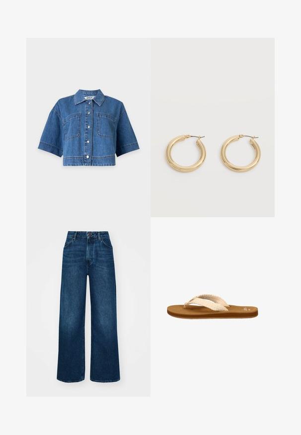 Chemise en jean bleue courte avec manches courtes, fermeture à boutons sur le devant, deux poches poitrine et un col.; Jeans taille haute et à jambes larges en denim bleu foncé avec une texture lisse, des coutures contrastantes et un design à cinq poches. Fermeture à bouton à l'avant.; Tongs beige avec une sangle tissée et une semelle intérieure marron douce et texturée. Présente une semelle en caoutchouc flexible pour le confort et l'adhérence.; Paire de boucles d'oreilles épaisses en or brillant avec tiges métalliques sur un fond gris clair.