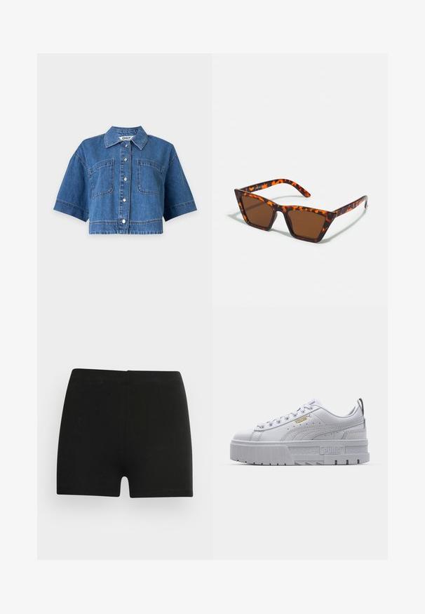 Blå cropped denimskjorte med korte ærmer, frontknaplukning, to brystlommer og en krave.; Sorte bomulds shorts med et tætsiddende design og elastisk talje. Glat tekstur, længde til midt på låret, og uden synlige mønstre eller accenter.; Hvide platform sneakers med en glat læderoverdel, polstret krave, grå gummisål og gyldne detaljer med Puma-logoet.; Brune tonede solbriller med et skildpadde-mønster, vinklede stel og slanke arme. Letvægts plastmateriale.