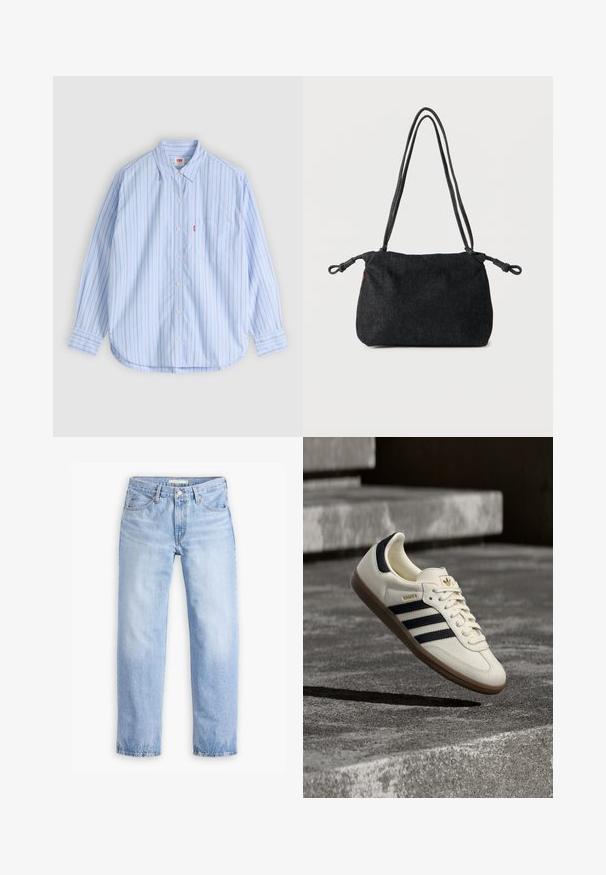 Lyseblå skjorte med knapper, lodrette røde striber, krave, lange ærmer og brystlomme. Lavet af bomuld med en buet kant.; Lyseblå denimjeans med en lige ben-design, fem lommer og en mellemhøj talje. Har en falmet struktur og håndsyet kant.; Hvid Adidas Samba sneaker med sorte striber og gummsål, svævende over teksturerede grå betonstrin.; Sort denim skuldertaske med dobbelte rebstropper og knuder i enderne på hver side, sat mod en ensartet hvid baggrund.
