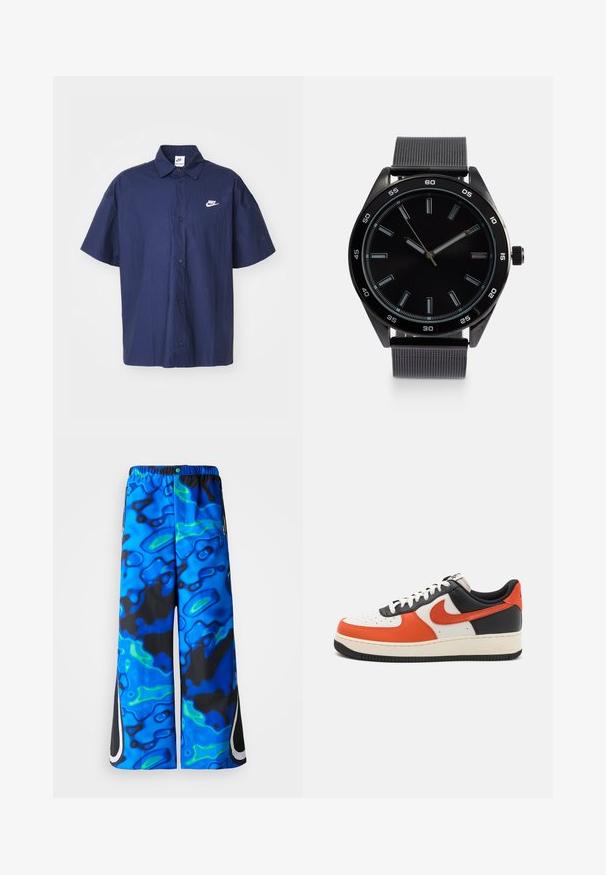 Marineblå skjorte med korte ærmer, knaplukning og en krøllet tekstur samt et hvidt Nike-logo på venstre bryst. Har en standard krave og sorte knapper.; Blå og sorte bukser med abstrakt mønster og bred benvidde, elaskisk talje samt lynlåslommer i siden på en ensfarvet baggrund.; Sko i hvidt, sort og orange læder. Har en perforeret tå, sorte snørebånd og en struktureret gummisål med 'AIR' branding.; Sort analog ur med en rund metalcase, sort urskive, luminiscente timemarkører og et struktureret gråtalje. Designet er minimalistisk.