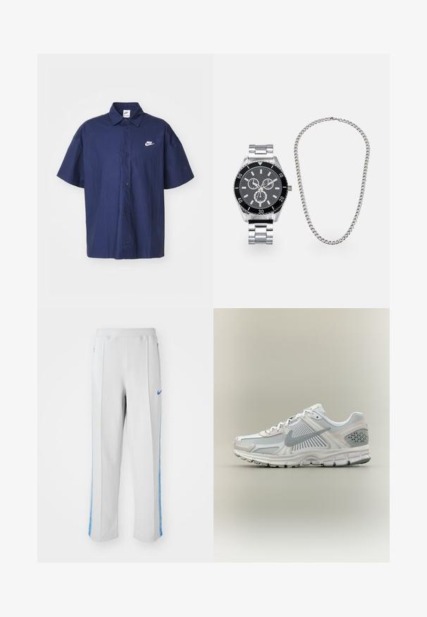 Marineblauwe kortslippige overhemdd met een gekreukelde textuur en een wit Nike-logo op de linkerkant van de borst. Voorzien van een standaardkraag en zwarte knopen.; Lichtgrijze sportbroek met blauwe zijstrepen, met een relaxte pasvorm, elastische tailleband en ritszakken. Nike-logo aan de voorkant.; Witte en grijze Nike hardloopschoen met mesh en synthetische overlays, grijs swoosh-logo, gedempte zool en gestructureerde hielondersteuning.; Zilveren metalen horloge met zwarte wijzerplaat, chronograaf functies, schakelarmband en een zilveren ketting halsketting ernaast.
