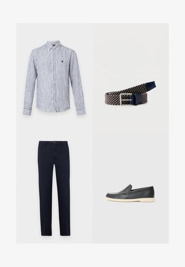 Herren-Langarmhemd mit vertikalen Marine- und weißen Streifen, Button-Down-Kragen und kleinem gesticktem Logo auf der Brust.; Marineblaue Baumwollhose mit geradem Bein, Frontreißverschluss und Ein-Knopf-Verschluss. Glatte Textur ohne sichtbare Muster.; Schwarzer Loafer aus Leder zum Hineinschlüpfen mit beiger Sohle, schwebend in der Luft nahe einem Metall-Draht-Magazinhalter auf einem Terrazzo-Boden.; Marineblauer, beiger und weißer gewebter Stoffgürtel mit silberner rechteckiger Schnalle und marineblauen Lederdetails an beiden Enden.