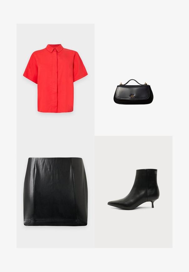 Chemise rouge à manches courtes avec un col boutonné, en tissu lisse, présentant une coupe droite et une fermeture par boutons sur le devant.; Jupe mini en simili cuir noir avec un surpiqûre sur le panneau avant et une légère brillance, posée à plat sur un fond neutre.; Bottine en cuir noir avec bout pointu et petit talon kitten sur fond clair, vue côté extérieur.; Sac à main en cuir noir avec une petite poignée, logo "cK" doré sur le rabat avant, et accessoires dorés.