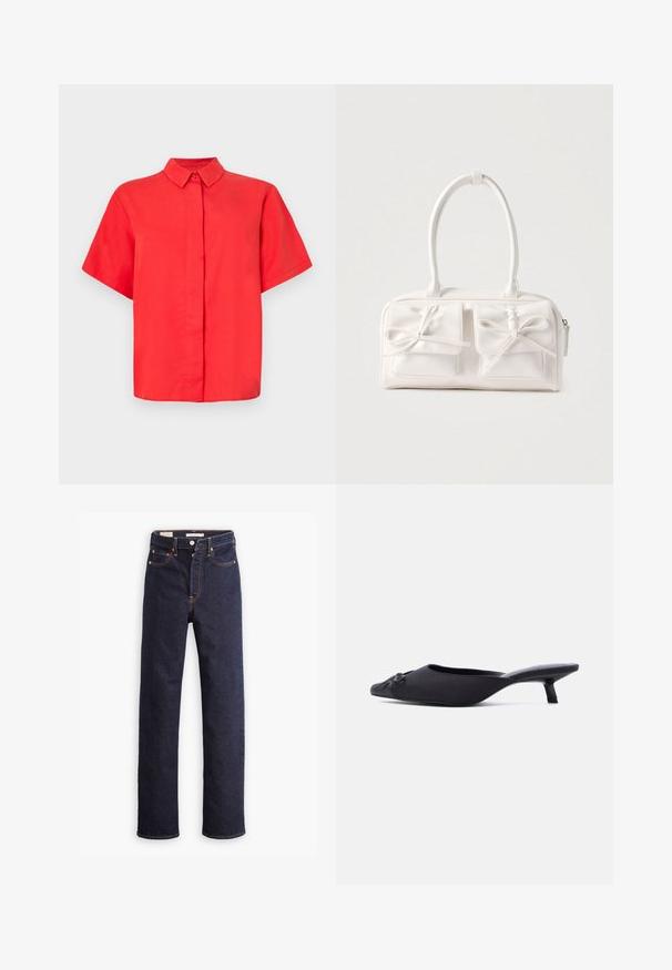 Rød kortærmet skjorte med en knapkrave, lavet af glat stof, med lige snit og en frontlukning med knapper.; Mørkeblå straight-leg denim jeans med fem lommer og synlig orange syning på hvid baggrund.; Sort mule sko til kvinder med spids tå, overdelsmateriale i stof, lille kittenhæl og en dekorativ sløjfe foran, vist i sideprofil.; Hvid syntetisk håndtaske med to forlommer, hver med en bundet sløjfedetalje. Glat tekstur, afrundede håndtag og lynlås lukning.