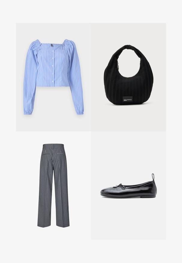 Chemisier court bleu clair avec des rayures verticales blanches, décolleté carré, manches longues bouffantes et fermeture à boutons sur le devant. Fabriqué en tissu doux.; Pantalons larges à rayures grises avec une texture lisse, présentant des rayures verticales bleues, une taille haute et deux poches arrières.; Ballerine en cuir verni noir avec un bout rond, un petit nœud décoratif et une texture lisse ; présente une semelle plate basse et une languette au talon.; Sac à main noir plissé en forme de croissant avec poignée souple et fermeture éclair argentée, présentant un écusson logo Karl Lagerfeld Jeans sur le devant.