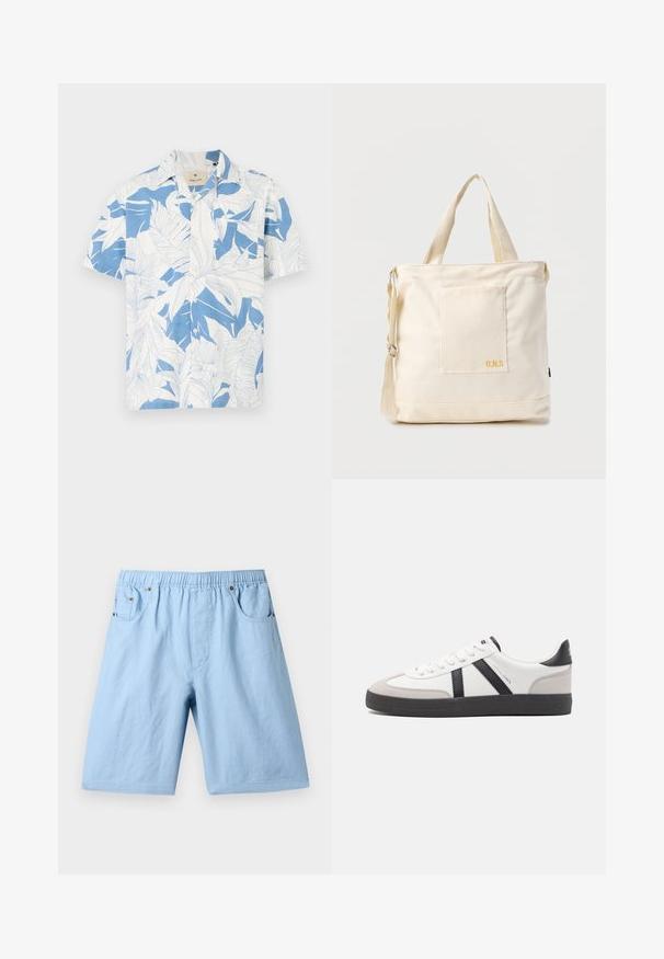 Chemise à manches courtes avec un imprimé de feuilles tropicales blanches et bleues, fabriquée en tissu léger. Dispose d'un col classique et d'une fermeture à boutons.; Shorts bleu clair avec une taille élastique, deux poches avant et une texture lisse. Fabriqués à partir d'un tissu doux, adaptés à un usage décontracté.; Baskets blanches avec des accents noirs et gris, présentant un embout texturé gris, une semelle en caoutchouc noir et des lacets plats blancs. Design épuré, style minimaliste.; Sac fourre-tout en toile crème avec poche avant, deux poignées, bandoulière réglable et petit texte jaune "O.N.S" en bas à droite de la poche.