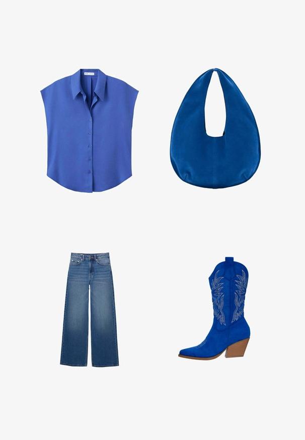 Blauwe mouwloze blouse met knopen, puntkraag en een losse, boxy pasvorm.; Wide-leg spijkerbroeken in een medium blauwe wassing, met een hoge taille, ontwerp met vijf zakken en gestikte details langs de naden.; Blauwe suède cowboylaars met een puntige neus, geborduurde bladdetails in zilver en een gestapelde houten hak.; Zachte blauwe stoffen hobo-handtas met een afgeronde, sikkelvormige vorm en een brede handvatopening bovenaan in het midden.