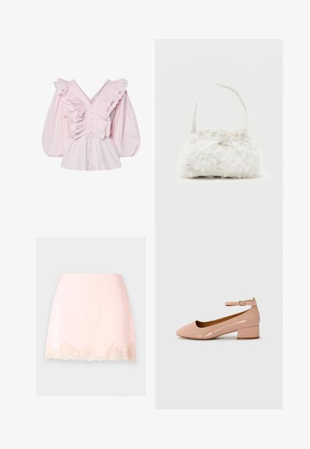 Blusa de algodón rosa con un escote en V profundo, detalles con volantes a lo largo del torso y mangas abullonadas voluminosas con cierre de botón.; Minifalda rosa claro con ribete de encaje con borde festoneado en el dobladillo, tela lisa y diseño limpio y sencillo sobre un fondo liso.; Zapatilla plana de charol rosa con punta redondeada, tira al tobillo y tacón bajo. Textura suave y diseño minimalista.; Pequeño bolso blanco con rosas de tela que cubren su cuerpo y una delgada correa única como asa, sobre un fondo liso.