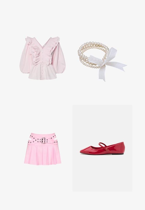 Blusa de algodón rosa con un escote en V profundo, detalles con volantes a lo largo del torso y mangas abullonadas voluminosas con cierre de botón.; Minifalda plisada rosa con cinturilla ancha de doble capa, hebilla plateada y múltiples ojales para sujeción y decoración.; Zapatillas tipo ballet de charol rojo con punta puntiaguda, correa en el tobillo y pequeño adorno redondo en la correa. Suela plana y textura suave.; Pulsera de perlas blancas con múltiples hilos, que presenta perlas de diferentes tamaños. Atada con un lazo de cinta blanca transparente.