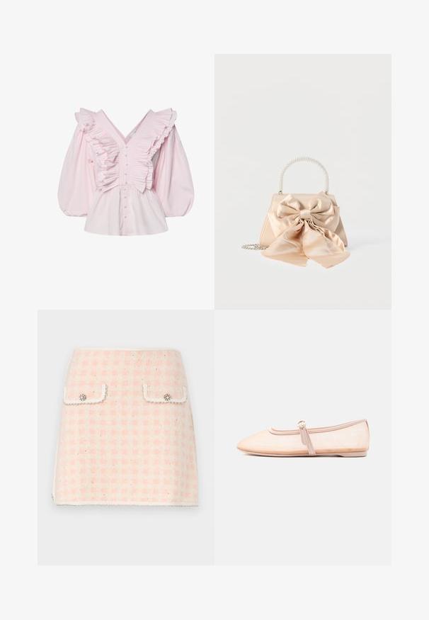 Blusa de algodón rosa con un escote en V profundo, detalles con volantes a lo largo del torso y mangas abullonadas voluminosas con cierre de botón.; Minifalda de lana en un patrón de cuadros en rosa y crema, con dos bolsillos delanteros adornados con botones decorativos y un dobladillo con flecos.; Zapato plano beige claro con punta puntiaguda y una sola correa con hebilla lateral, mostrado sobre un fondo blanco liso.; Bolso de satén beige con un gran lazo decorativo a juego, asa con cuentas de perlas y correa de cadena plateada sobre fondo blanco.
