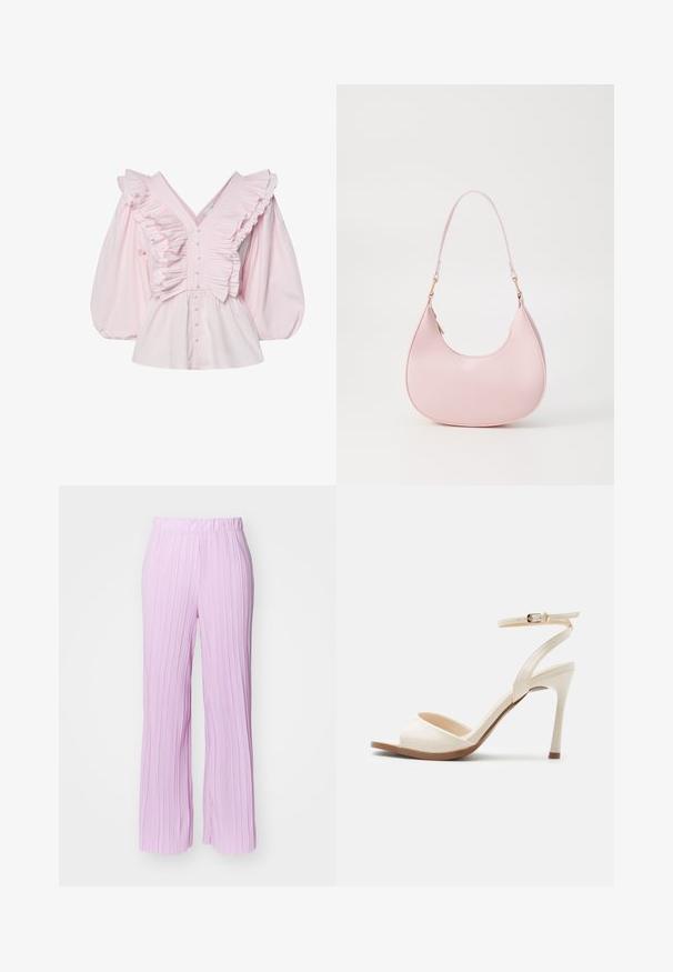 Pink bomuldsbluse med en dyb V-udskæring, rynkede detaljer langs kroppen og voluminøse puffede ærmer med knaplukning.; Lyserøde, plisserede bukser med bred ben-design og elastisk talje, der har en vertikal tekstur og en glat finish.; Beige højhælede sandal med tynd ankelrem og guldlås, åben tå og tynd stiletthæl på hvid baggrund.; Call it Spring CELESTY - Håndtasker - other pink