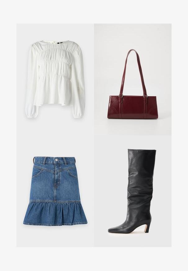 Blouse blanche avec un col rond, des manches longues et une texture froncée au niveau du bodice. Présente des manches bouffantes et un ourlet fluide.; Jupe en denim, bleue, avec une taille cintrée, cinq poches et un ourlet volanté évasé en bas. Comprend un bouton en métal et une fermeture éclair.; Botte en cuir noir mi-mollet à talon avec une tige légèrement affaissée et un bout pointu sur un fond clair.; Sac à main bordeaux en matériau brillant, de forme rectangulaire, avec deux anses et des accents légèrement courbés à l'avant.