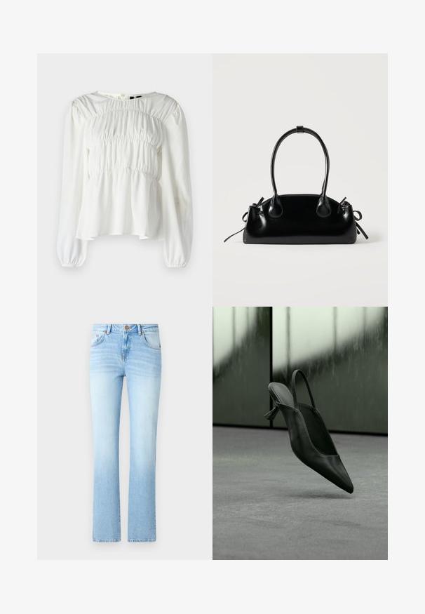 Witte blouse met een ronde halslijn, lange mouwen en een geplooide textuur bij het lijfje. Heeft opgezette mouwen en een vloeiende zoom.; Lichtblauwe denim jeans met een uitlopende silhouette, voorzien van een knoopsluiting, vijf zakken en een lichte vervaging.; Zwarte leren slingback pumps met hoge hak en spits toelopende neus zwevend boven een grijs tapijtvloer, wazige groenachtige muur op de achtergrond.; Kleine zwarte glanzende handtas met twee lange hengsels en zijkant trekkoord details op een effen lichte achtergrond.