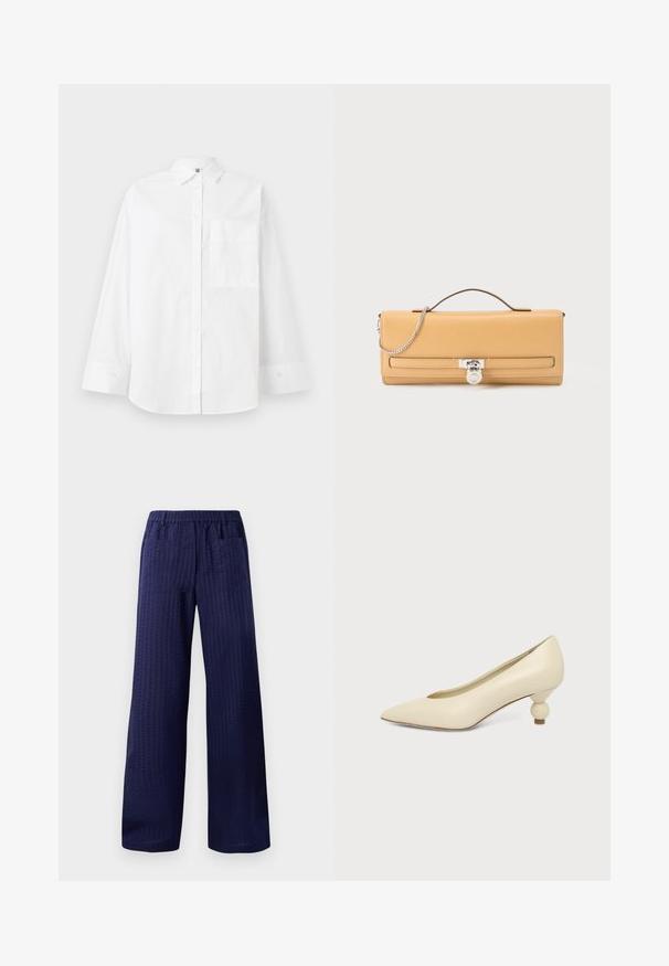 Camisa blanca de botones hecha de algodón. Presenta mangas largas, cuello con solapa y un único bolsillo en el pecho. Textura suave, diseño clásico.; Pantalones de pierna ancha en color navy con un acabado texturizado, cinturilla elástica y dos bolsillos traseros. Fabricados con un tejido ligero y transpirable.; Zapato de mujer color crema con punta afilada y tacón bajo, con tacón redondo en forma de bola, sobre un fondo liso.; Bolso de mano rectangular de cuero color tabaco con asa superior, detalle de cadena plateada y cierre de candado plateado en la solapa frontal.