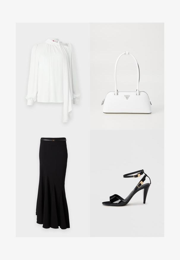 Witte blouse met lange mouwen, geplooide stof op de schouders, hoge hals met strikdetail, gladde textuur en elastische manchetten.; Zwarte zeemeerminrok, gemaakt van rekbare stof, heeft een aansluitende taille met een slanke zwarte riem en een uitlopende zoom met gebogen naden.; Zwart lakleren hoge hak sandaal met dubbele enkelbandjes en gouden gespen, open teen en slanke, taps toelopende hak op een neutrale achtergrond.; Witte leren handtas met een gebogen vorm, voorzien van een zilveren driehoekig logo en ritssluiting. Gladde textuur en dubbele handvaten.