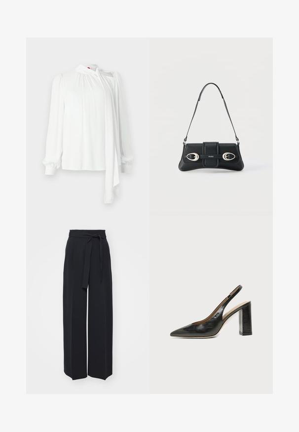 Witte blouse met lange mouwen, geplooide stof op de schouders, hoge hals met strikdetail, gladde textuur en elastische manchetten.; Zwarte wijde broek van zachte stof. Voorzien van een ceintuur en plooien aan de voorkant. Glad textuur met een strakke, hedendaagse stijl.; Zwarte leren slingback schoen met spits toelopend neusje, hoge blokhak en beige binnenvoering tegen een effen lichte achtergrond.; Zwarte leren schoudertas met twee zilveren gespen en een verstelbare band, met het "HUGO"-logo in het midden aan de voorkant.