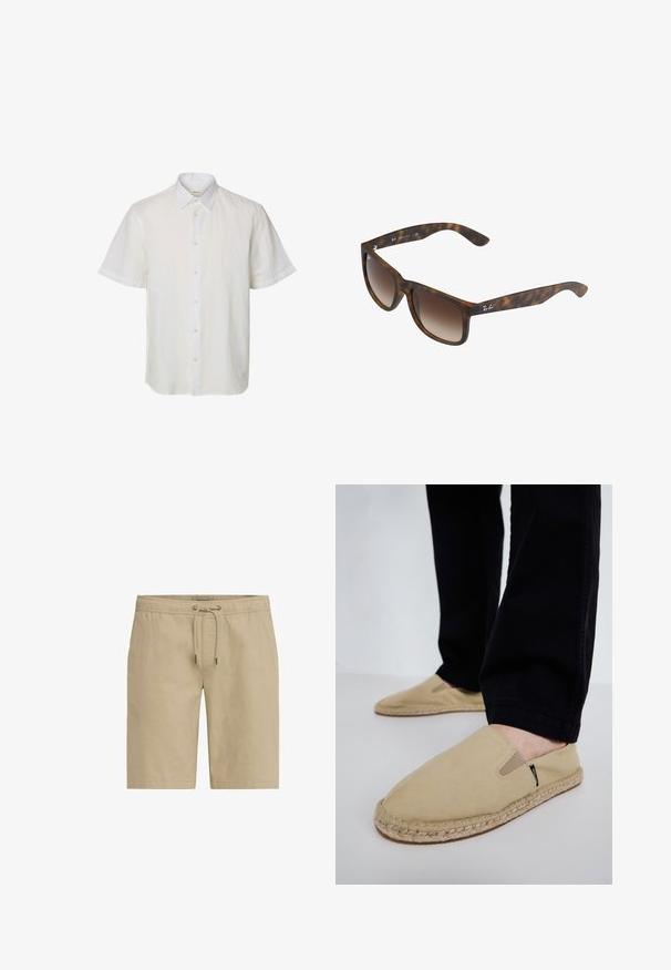 Chemise blanche à manches courtes avec col pointu, boutons visibles sur le devant, et design uni sur un fond uni.; Shorts beiges en tissu doux, dotés d'une taille élastique avec cordon de serrage et de poches latérales, conçus avec une coupe droite.; Chaussures slip-on en toile beige avec des goring élastiques, semelle en corde de jute et coutures contrastantes. Portées avec un pantalon noir fuselé.; Lunettes de soleil en écaille de tortue avec des verres dégradés bruns, de forme rectangulaire, avec des montures épaisses et un accent de logo en argent sur le côté.