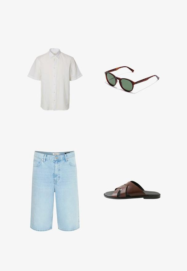 Weißes kurzärmeliges Hemd mit Knopfleiste, spitzem Kragen, sichtbaren Knöpfen vorne und schlichtem Design vor einfachem Hintergrund.; Hellblaue Jeansshorts mit entspannter Passform, fünf Taschen-Design, einfache Knopfverschluss und Kontrastnähte entlang der Nähte.; Braune Herren-Pantoletten aus Leder mit gekreuzten Riemen und schwarzer Sohle, seitlich auf weißem Hintergrund dargestellt.; Braune Schildpatt-Sonnenbrille mit runden Rahmen, grünen Gläsern und gemusterten Bügeln. Mit Markenlogo an einem Bügel.