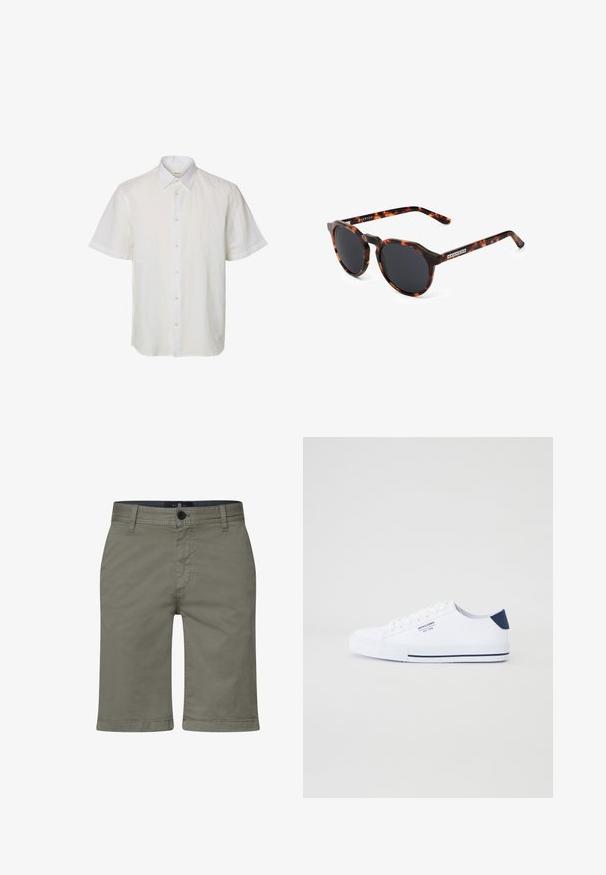 Camisa blanca de manga corta con botones al frente, cuello puntiagudo y diseño liso sobre fondo sencillo.; Bermudas caqui con una mezcla de algodón suave, que cuentan con una cremallera, cierre de botón y bolsillos frontales. Diseño de pierna recta, ajuste hasta la rodilla.; Zapatillas de lona blancas con un acento en el talón en color navy, suela de goma plana, punta redonda y cordones blancos. Presenta un logo en el costado.; Gafas de sol redondas con un marco de patrón carey, lentes negros y un acabado mate. Presentan un logo de la marca en la patilla.
