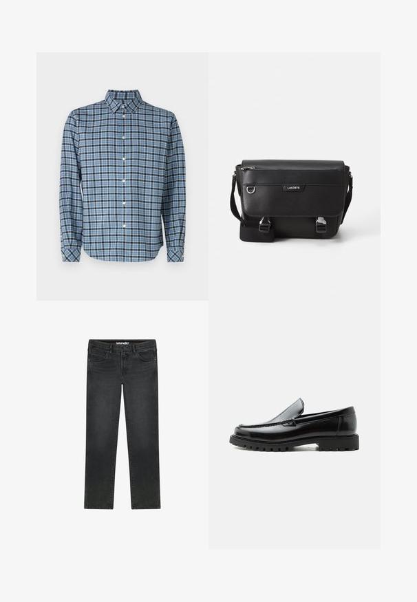 Camisa de botones de algodón tejido, patrón de cuadros azul y negro, de manga larga, con cuello, botones blancos y puños ajustables.; Vaqueros Wrangler negros de corte recto con botón delantero, cremallera, trabillas para el cinturón y diseño de cinco bolsillos sobre fondo blanco.; Mocasín de cuero negro con suela de goma gruesa, empeine cosido y nombre de la marca en relieve en el talón, mostrado en perfil lateral sobre fondo blanco.; Bolso mensajero Lacoste negro texturizado con correa ajustable, tapa frontal, bolsillo con cremallera y cierres de hebilla metálica.